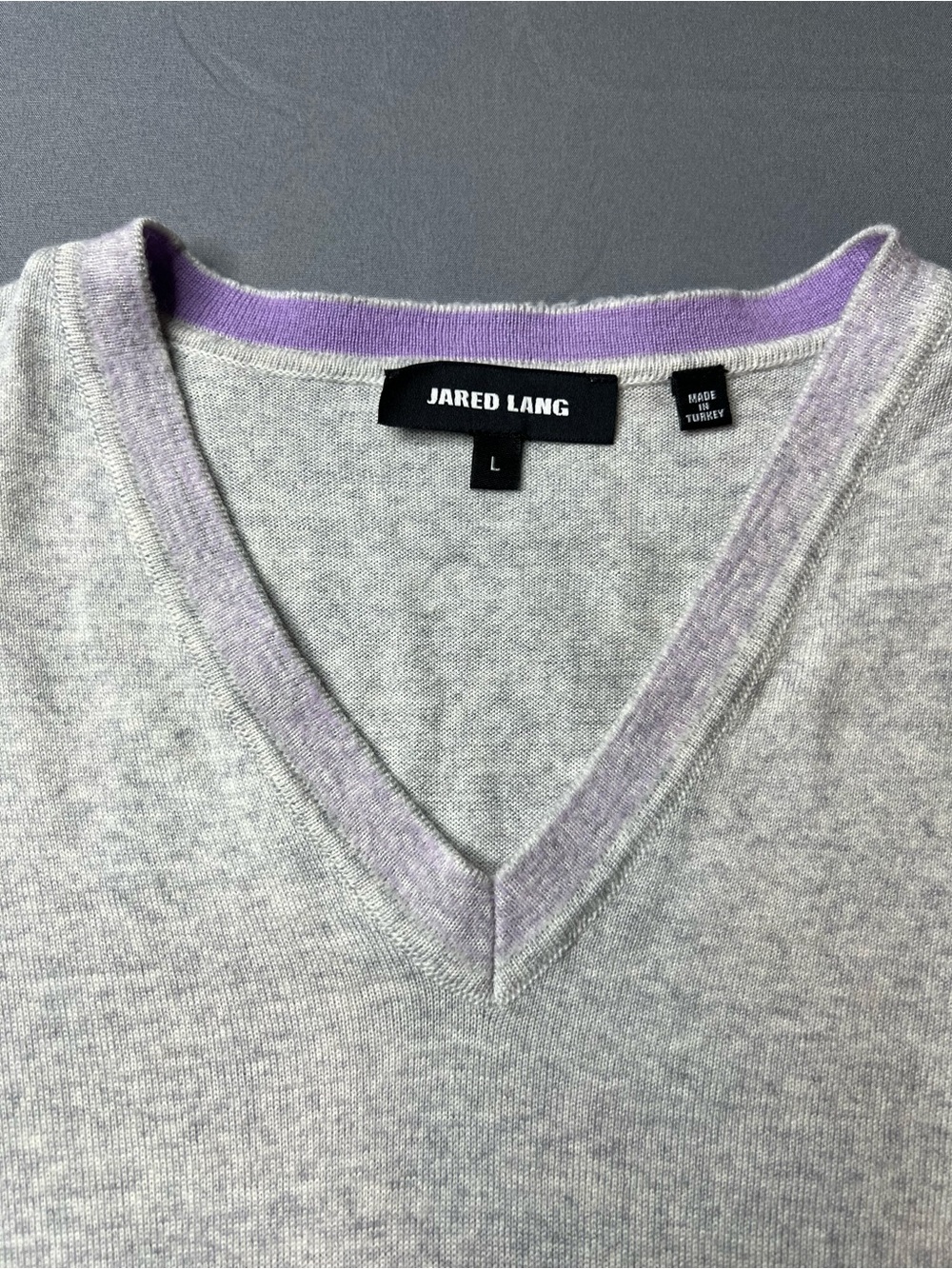 Jared Lang Men's Merino Wool Blend V-Neck Sweater | Gray with Lavender Size L